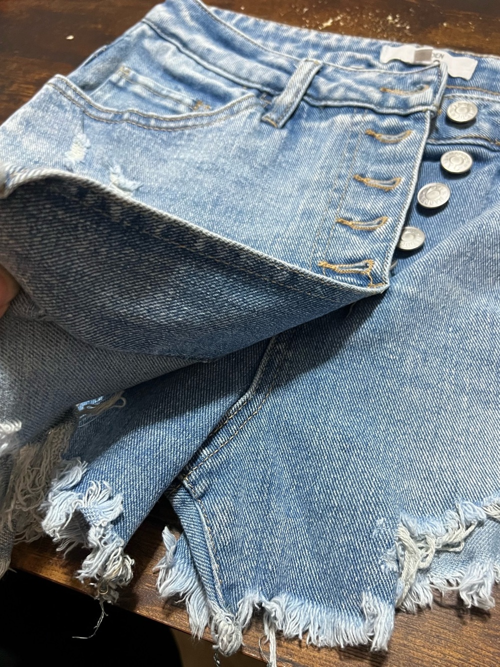 High-Waist Distressed Button-Fly Denim Shorts - Light Blue 17.5